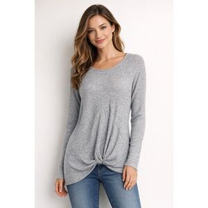 AGB Womens Gray Ribbed Knit Top Size L Long Sleeve Twist Front Casual Chic T